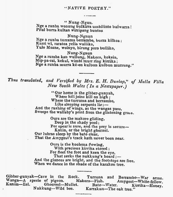 Native Poetry "Nung-Ngun". Song composed by Wullati (Wollaje) and translated by Eliza Dunlop, Wollombi. Waughs Almanac 1858